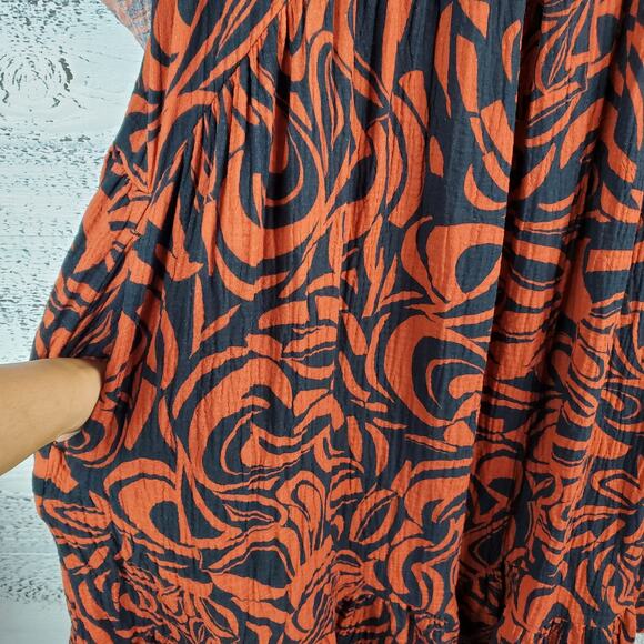 June + Vie Gauze Maxi Dress Abstract Orange Blue Sz 12 Coastal Grandmother - Picture 5 of 10